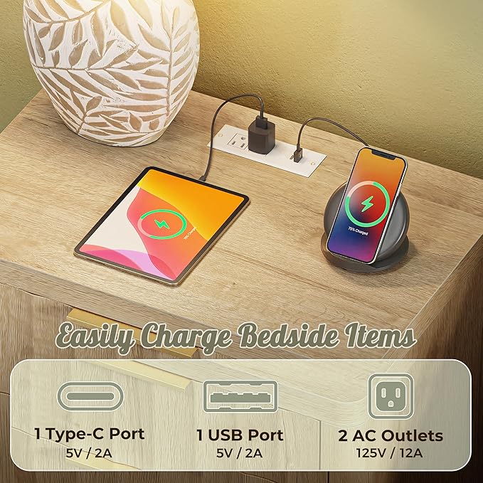 Huuger 27.6 Inch Tall Night Stands with Charger Station, USB-C Port, Fluted Nightstand Set of 2, Larger Wider Bed Side Table with 2 Deep Drawers, Open Shelf, Bedroom Living Room End Table, Natural