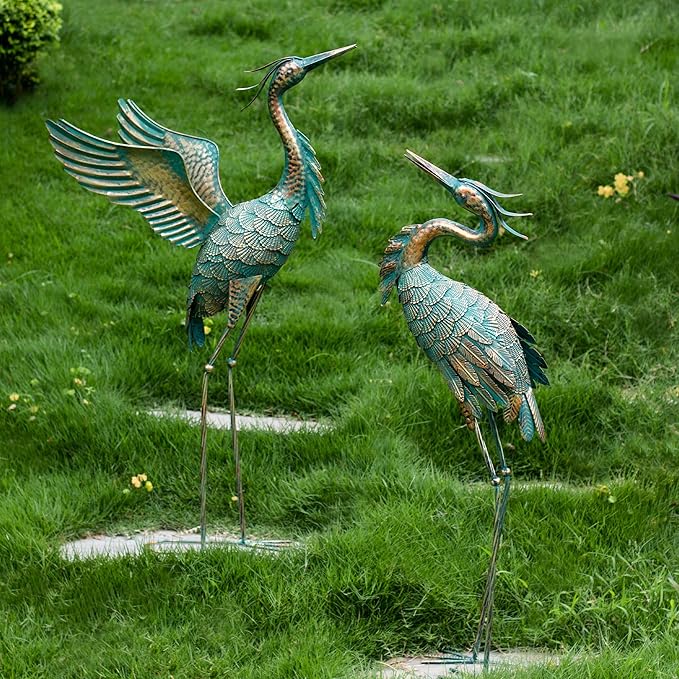 Natelf Metal Crane Garden Statues, Large Heron Outdoor Bird Sculpture Decor for Patio Pond Yard 36-39inch Yard Art, Set of 2