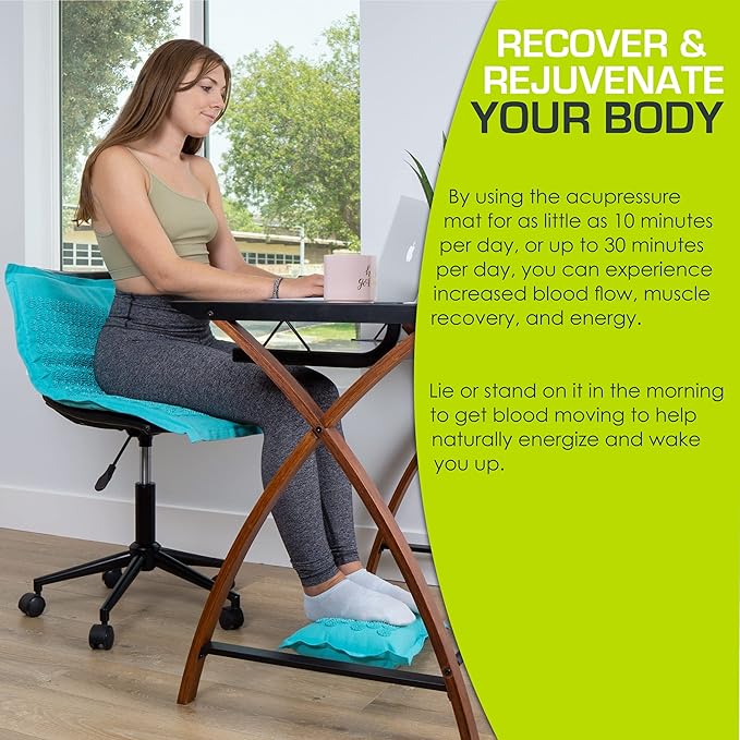 ProsourceFit Ki Acupressure Mat and Pillow Set with 100% Natural Linen for Back/Neck Pain Relief and Muscle Relaxation, Bahama Blue