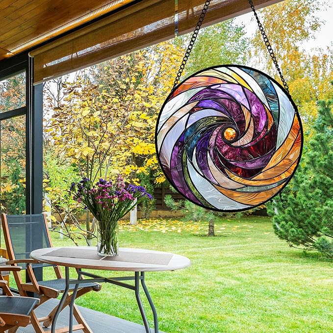 Stained Glass Window Hanging, Colorful Abstract Spiral Pattern Suncatcher for Doors Window Home Sun Catchers Decoration Mother's Day Birthday Gifts for Women, Men, and Mom 6.3 in