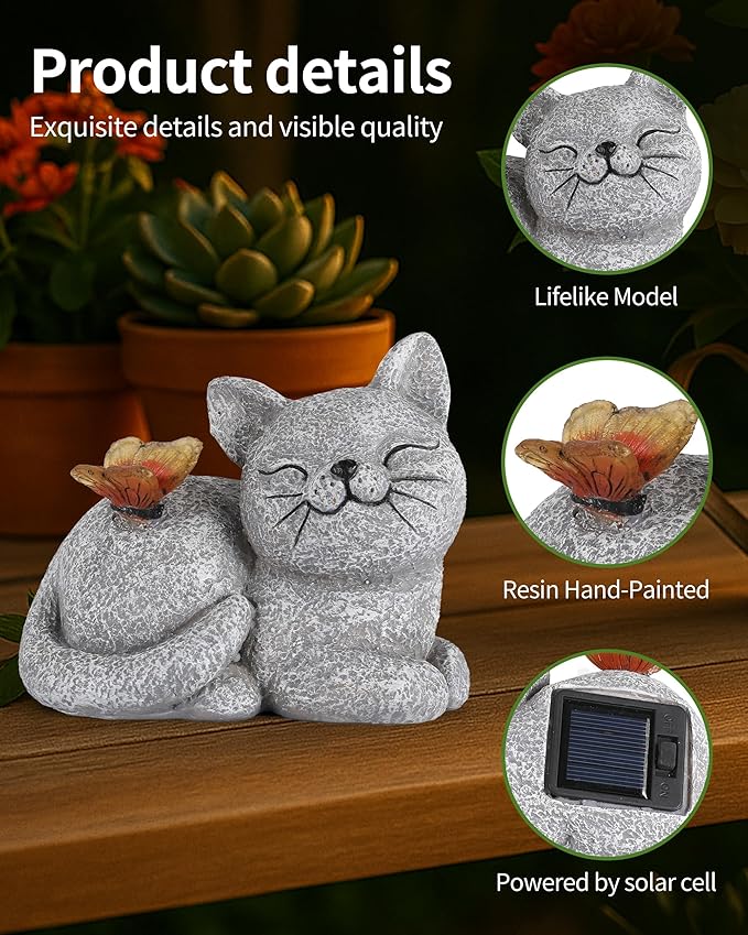 Solar Cat Garden Statue with Butterfly Light – 5-Inch Outdoor Resin Figurine for Yard, Patio, Balcony – Gifts for Women, Garden Decor Accent (Cat)