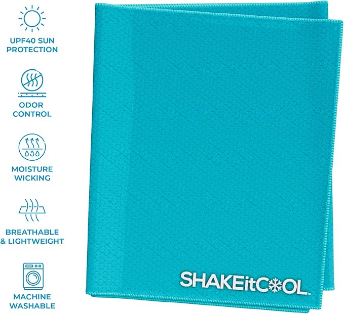 SHAKEitCOOL Extended Size Cooling Towel – Be Cool in Style - Heat Relief, Soft, Lightweight, Sun Protection, Easy Clean - Perfect for Biking, Hiking, Running, Yoga, Golf, Gardening - Teal M
