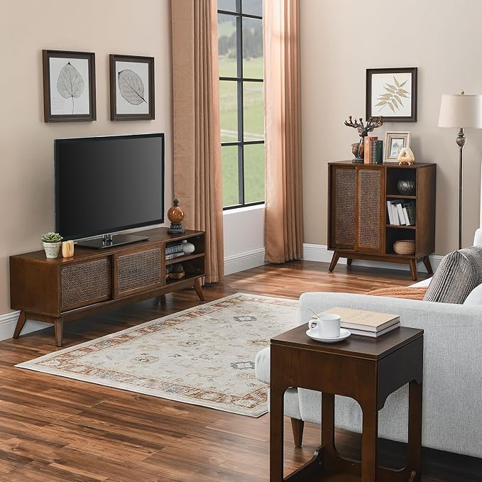 LKTART 59 inch Mid Century Modern TV Stand with Rattan Cabinet Doors, Boho Entertainment Center for 55/60/65 inch TVS, Media Console for Living Room/Bedroom, Dark Walnut