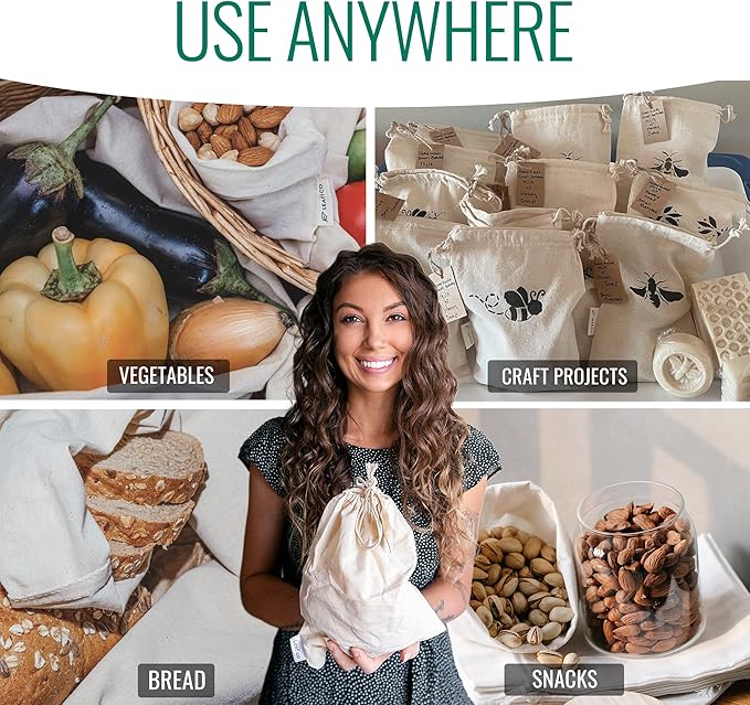 LEAFICO Multipurpose Eco Cloth Bags - Large 10x12 Inch (12 Pack) - Cotton Produce Storage Sacks - Muslin Drawstring Pouches for Vegetables - Bread Bags - Linen Fabric Sachets