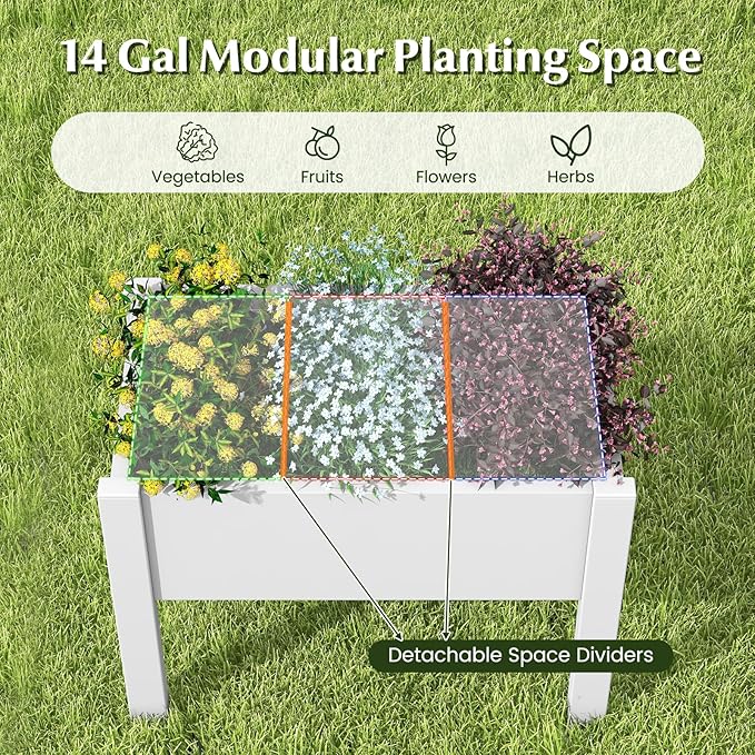 Giantex Raised Garden Bed with Legs, Self-Watering Planter Box with Water Level Indicator, Drainage Hole & Detachable Space Dividers, Outdoor Plant Container for Flower, Vegetable, Fruit, Herb (White)