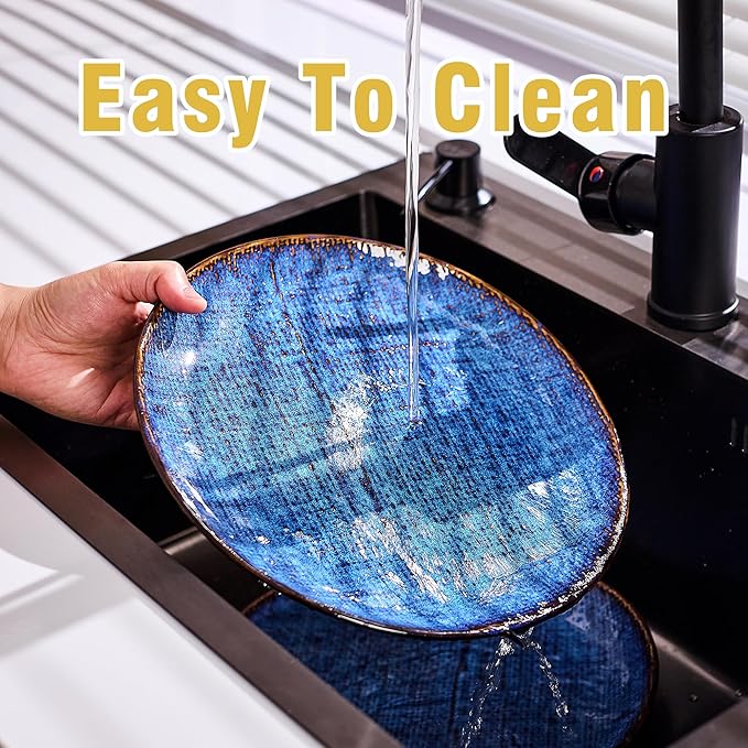 Ceramic Dinner Plates Set of 4, 10 Inch Porcelain Pasta and Salad Plates, Handmade Stoneware Plate Set for 4, Round Dishes for Home Decor, Microwave,Oven,and Dishwasher Safe, Blue