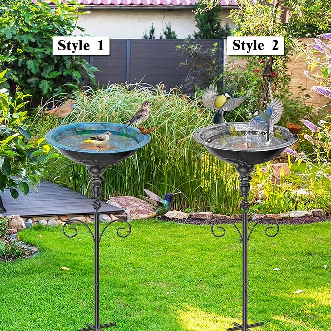 35In Bird Bath for Outside, Vintage Metal Birdbaths & Birdfeeder with 5 Prong Bases for Outdoors, Freestanding Bird Feeder Bowl with for Garden Yard Lawn Decor (Vintage Silver)