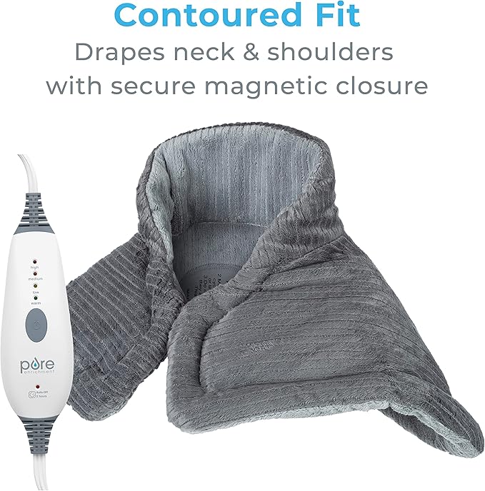 Pure Enrichment PureRelief Neck & Shoulder Heating Pad - 4 Heat Settings, Auto Shut-Off, Universal Fit, Magnet Closure, Soft Micromink, Storage Bag, 5-Year Warranty, Machine Wash (Charcoal Gray)