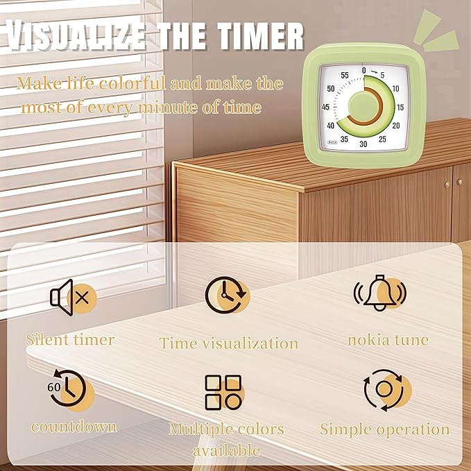 Kids Visual Timer for Kitchen,Classroom,Cooking,Learning,Bedroom,Office, 60-Minute Countdown Pomodoro Timer for Kids with Autism ADHD (Avocado Style)
