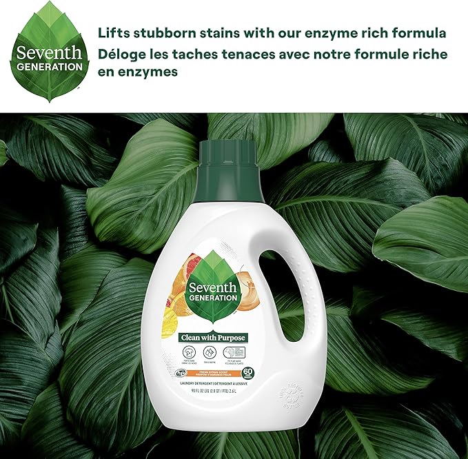 Seventh Generation Fresh Citrus Scent Liquid Laundry Detergent, 60 Loads, Dyes Free, 90 Fluid Ounces (Pack of 4)