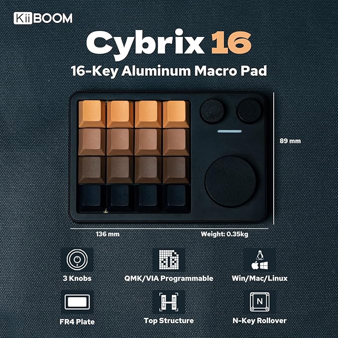 KiiBoom Cybrix 16 VIA Programmable Macro Pad - 16 Keys + 3 Knobs, Type-C Wired Aluminum Numpad, Hot-Swappable PCB, RGB Backlight, Lightweight & Portable Numeric Keypad for Windows & Mac (Black)
