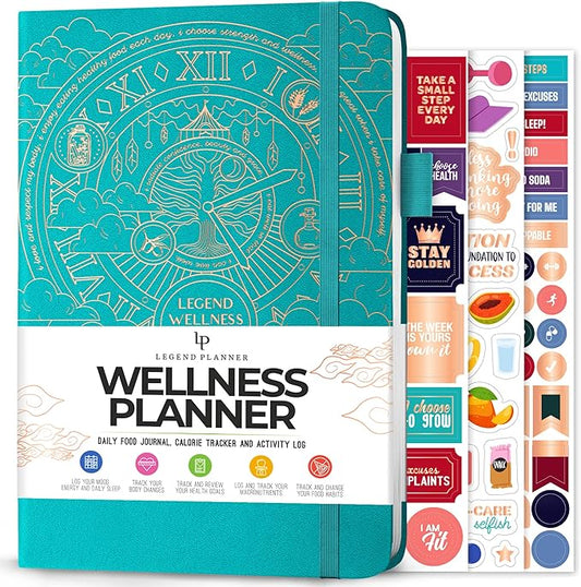Legend Wellness Planner & Food Journal – Daily Diet & Health Journal with Weight Loss, Measurement & Exercise Trackers – Lifestyle & Nutrition Diary – Lasts 6 Months, A5 size – Turquoise