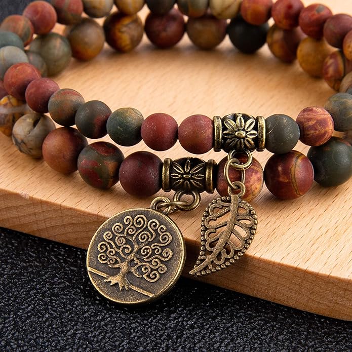 Bivei Natural Semi Precious Gemstone beads bracelet for women - Life Tree and Leaf Charm Energy Reiki Crystal Stretch Bracelets