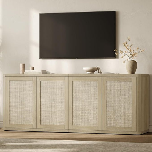 SICOTAS Rattan TV Stand for 65 70 inch TV - Large Entertainment Center TV Consoles for Living Room Bedroom, Farmhouse Television Stands with Storage Cabinet Boho Modular Media Console, Sand Oak