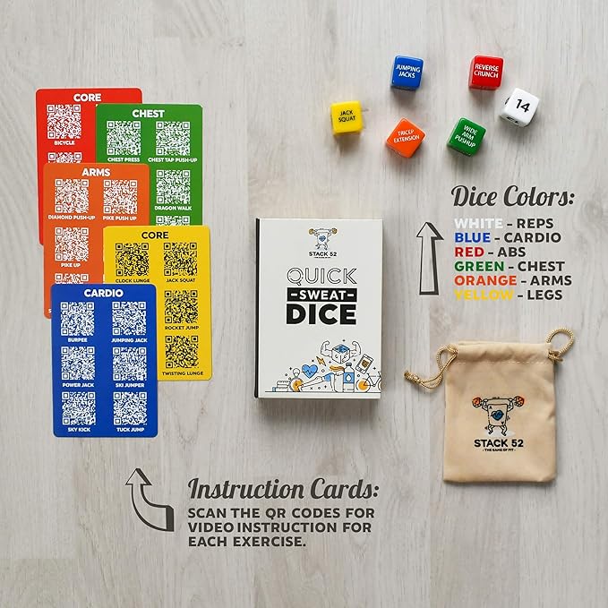 Stack 52 Quick Sweat Fitness Dice. Bodyweight Exercise Workout Game. Designed by a Military Fitness Expert. Video Instructions Included. No Equipment Needed. Burn Fat Build Muscle. (2019 Base Set)