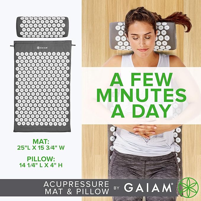 Gaiam Acupressure Mat and Pillow Set, Acupuncture Style Massage Mat & Pillow, Relief for Sciatic Nerve, Muscle Tension, Fibromyalgia, Neck, Shoulder & Back Pain, Migraine & Headaches and Insomnia Grey
