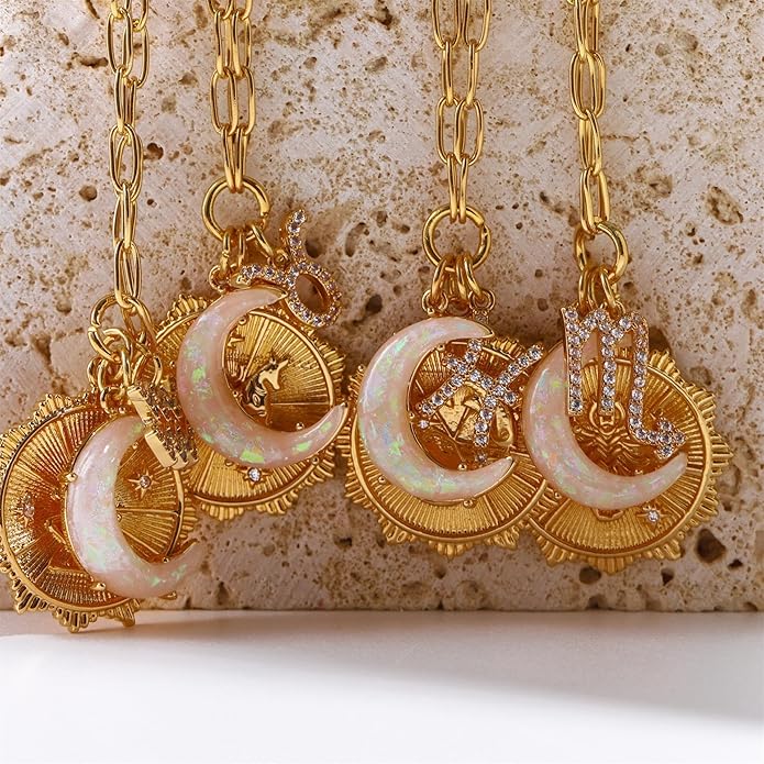 Gold Zodiac Sign Embossed Coin Opal Crescent Moon Charm Necklace for Women Trendy 18K Gold Plated Retro Paperclip Chain 12 Constellation Horoscope Necklaces Astrology Jewelry Gifts