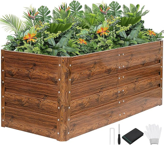 G GOOD GAIN 4x2x1.8ft Raised Garden Bed - Metal Planter Box Outdoor with Weed Barrier Fabric | Deep Root Raised Beds for Gardening Vegetables Flowers Herb Fruits (Wood Grain)