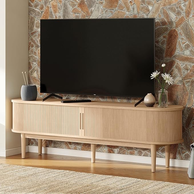 LINSY HOME 58" Fluted TV Stand for TVs up to 65 Inch, Mid Century Modern Entertainment Center with Storage Cabinet and Sliding Doors, Farmhouse Wood Media TV Console for Living Room, Bedroom, Oak