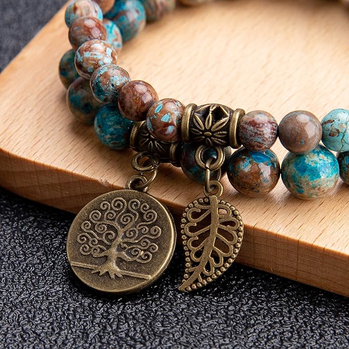 Bivei Natural Semi Precious Gemstone beads bracelet for women - Life Tree and Leaf Charm Energy Reiki Crystal Stretch Bracelets