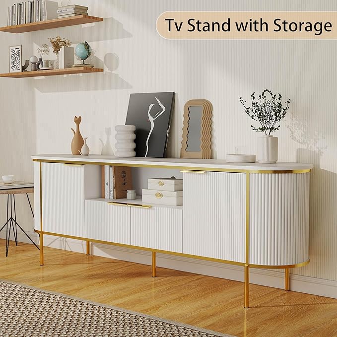 Luxury Fluted TV Stand: 70" White Entertainment Center for 80 inch TVs, TV Consoles for Living Room, Modern Media Console with Faux Marble Top (White, 70 Inch TV Stand)