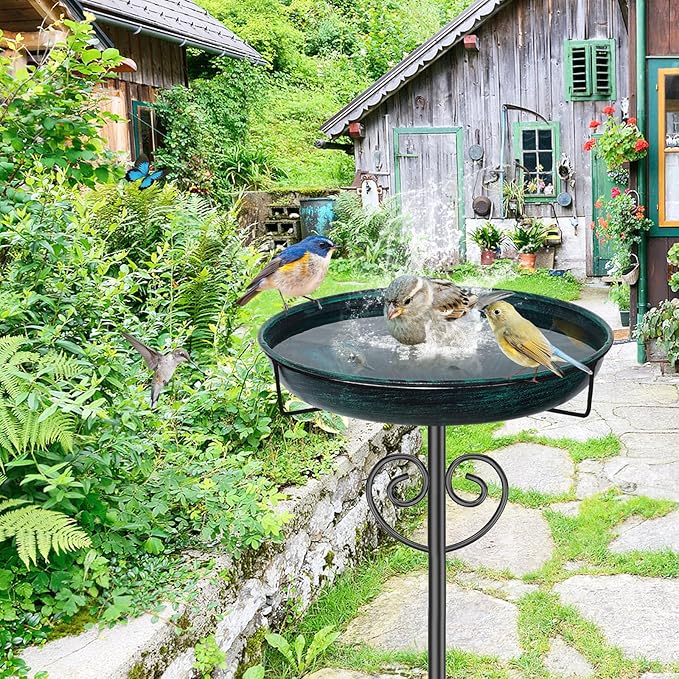 Metal Bird Bath for Outside, Standing Garden Bird Bath Bird Feeder Bowl with 5-Pronged Stake, Detachable Birdfeeder Bath for Outdoors Garden Patio Yard Lawn Decor (Vintage Green)