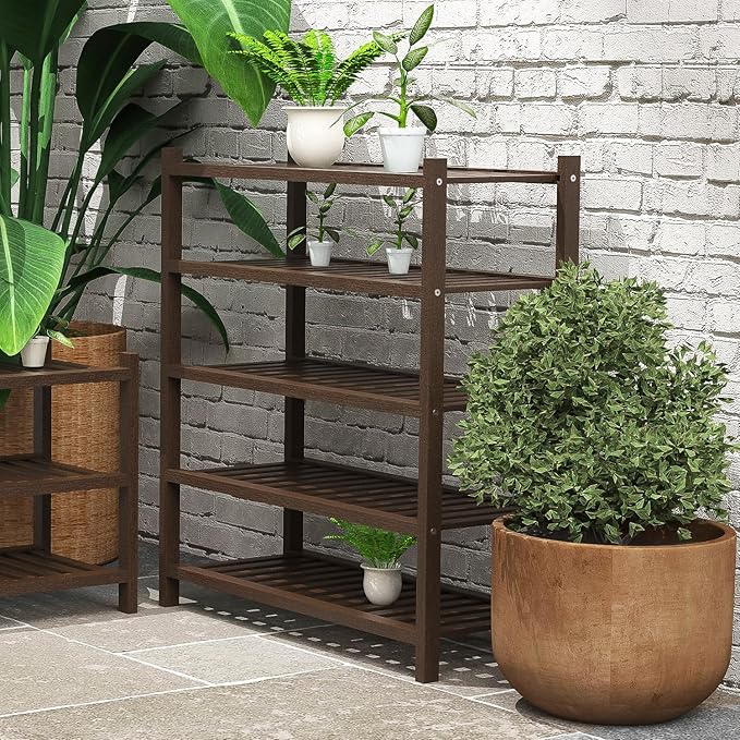 Shoe Rack 5-Tier Organizer Stackable Storage Shelf with Multi-Function Combinations-Free Standing Bamboo Shoe Racks for Closet,Entryway,Hallway,Bathroom,Living Room Shoe Organization (Brown,5-Tier)