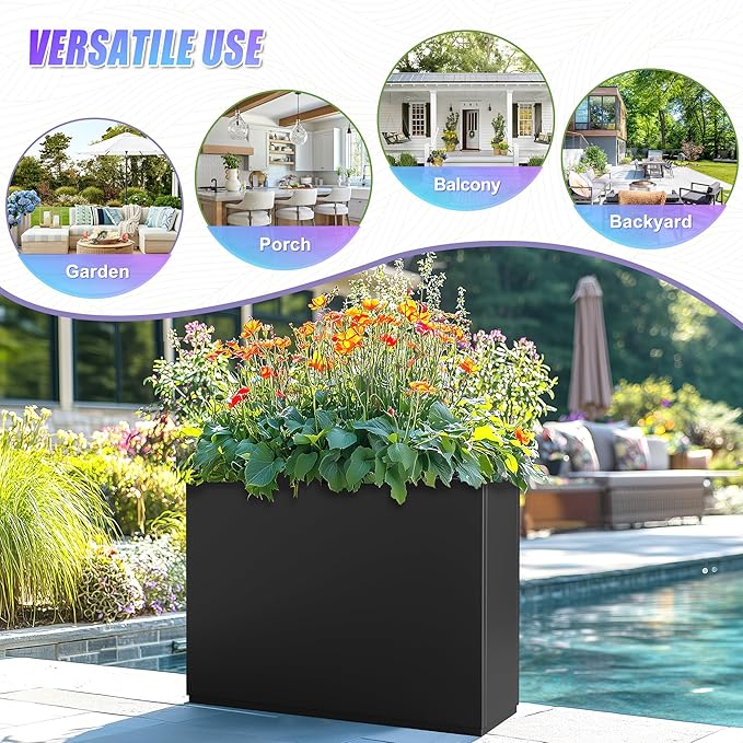 Tall Metal Planter, 12" W×24" H Large Rectangular Planter Box for Outdoor or Indoor, All-Weather Durable Plant Box with Drainage Holes & Removable Shelf for Patio, Porch, Garden, Trees, Flowers