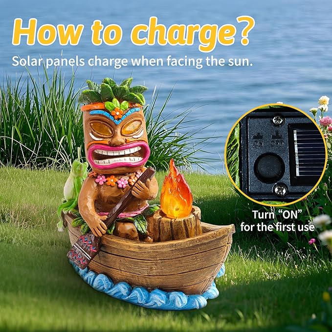 Solar Tiki Outdoor Statues: Funny Tiki Bar Decor with Solar Light Outside Decoration for Lawn Yard Patio Garden Gifts for Housewarming (Boating)