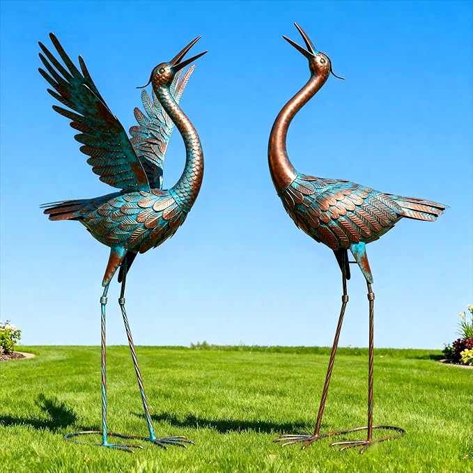 chisheen Crane Garden Statues Outdoor Metal Heron Yard Art Crane for Garden Sculptures Patio Lawn Ornaments,Set of 2