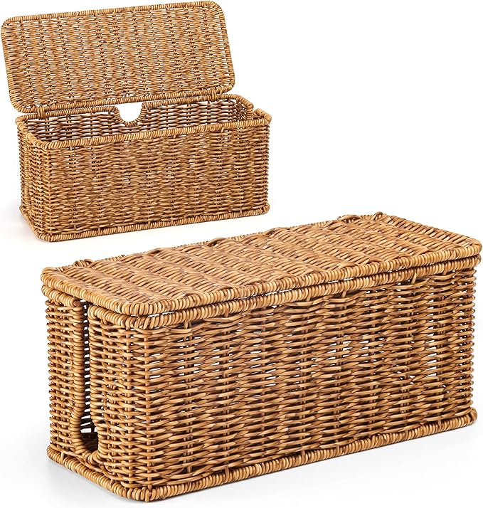 Handmade Cable Management Box, Imitation Rattan Cord Organizer Cord Hider Box, Desk Cord Management Box to Hide Cords and Power Strip L12.5 W5 H5.2 CB2412 Deep Speckled Brown