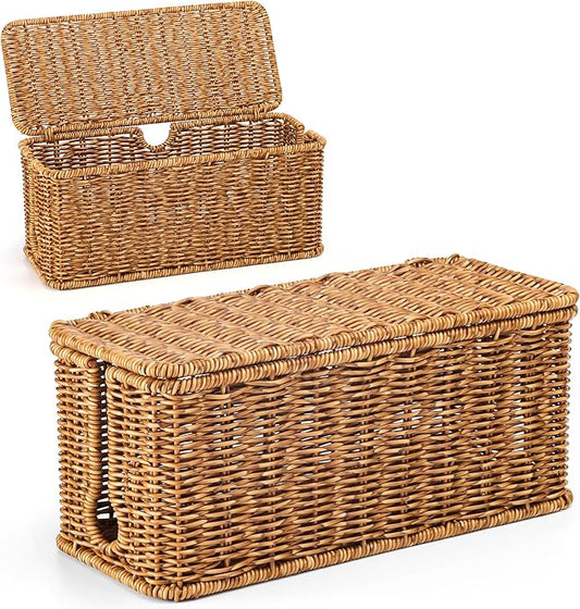 Handmade Cable Management Box, Imitation Rattan Cord Organizer Cord Hider Box, Desk Cord Management Box to Hide Cords and Power Strip L12.5 W5 H5.2 CB2412 Deep Speckled Brown