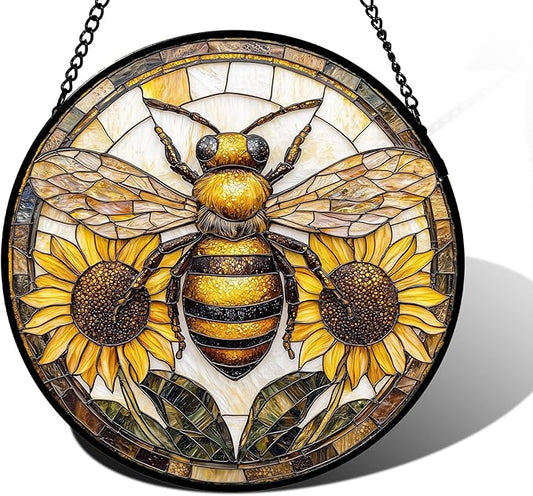 Stained Glass Window Hanging - Bee Sunflower Yellow Suncatcher Ready to Hang Window Doors Home Decoration and Christmas, Mother's Day Birthday Gifts for Women, Men, and Mom 6.3x6.3 in