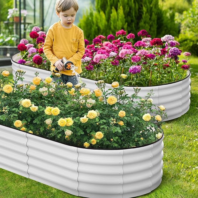Galvanized Raised Garden Bed, 8x2x1.5Ft Metal Planter Box Outdoor, Oval Open-Ended Base Planter Raised Boxes for Vegetables Flower Herb,Beige