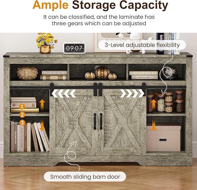 RoyalCraft Farmhouse Fireplace TV Stand for 65+ Inch TV, Entertainment Center with 23" Electric Fireplace with Remote, 34" Modern Rustic TV Console with Sliding Bar Door for Living Room, Light Grey