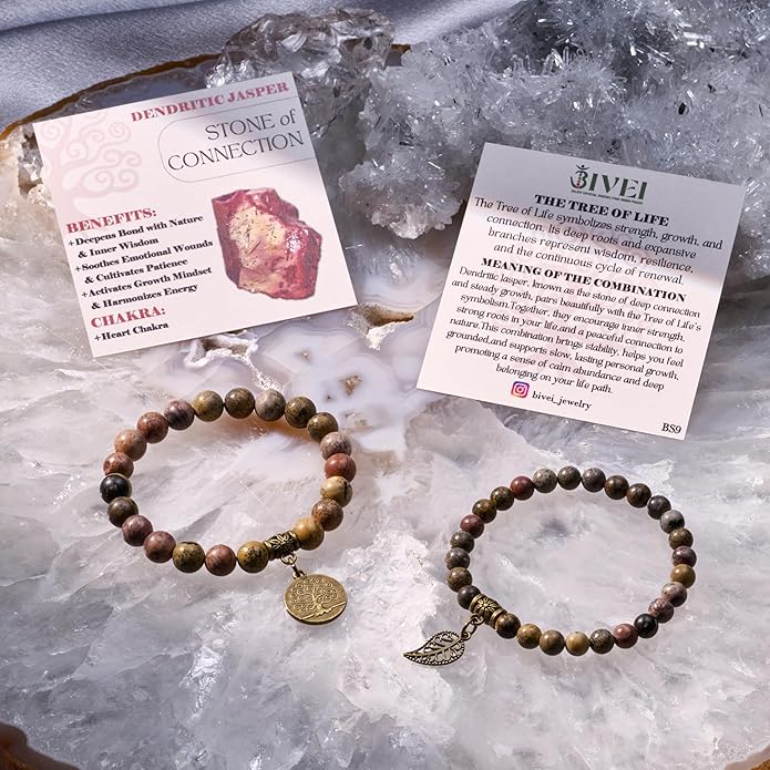 Bivei Natural Semi Precious Gemstone beads bracelet for women - Life Tree and Leaf Charm Energy Reiki Crystal Stretch Bracelets