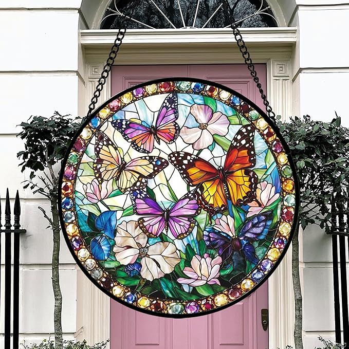 Stained Glass Window Hanging, Colorful Butterfly Suncatcher for Doors Home Sun Catchers Decoration and Christmas, Mother's Day Birthday Gifts for Women, Men, and Mom 14.9x14.9 in