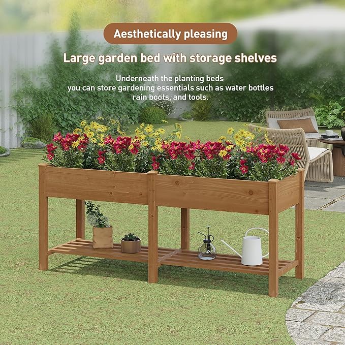 FILWH Raised Garden Bed with Legs Elevated Wooden Planter Box Stand Large Planter Stand Box for Fruits Vegetables Flowers with Divider with Bag- 72 * 24 * 30.5IN（Brown）