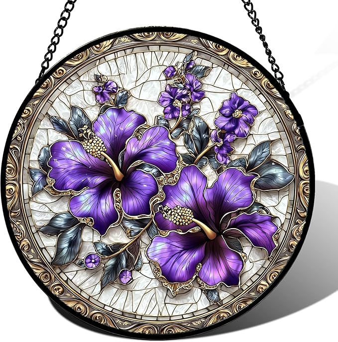 Stained Glass Window Hanging, Purple Flowers Romantic Suncatcher for Doors Home Sun Catchers Decoration and Christmas, Mother's Day Birthday Gifts for Women, Men, and Mom 14.9x14.9 in