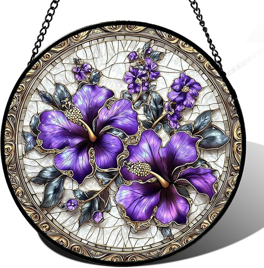 Stained Glass Window Hanging, Purple Flowers Romantic Suncatcher for Doors Home Sun Catchers Decoration and Christmas, Mother's Day Birthday Gifts for Women, Men, and Mom 14.9x14.9 in