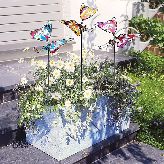 Juegoal Set of 3 Butterfly Garden Stake Decor, 20 Inch Colorful Butterflies Stakes, Glass & Metal Yard Art Ornaments for Mom, Mothers Day Ideal Gifts, Outdoor Lawn Pathway Patio Plant Pot, Flower Bed