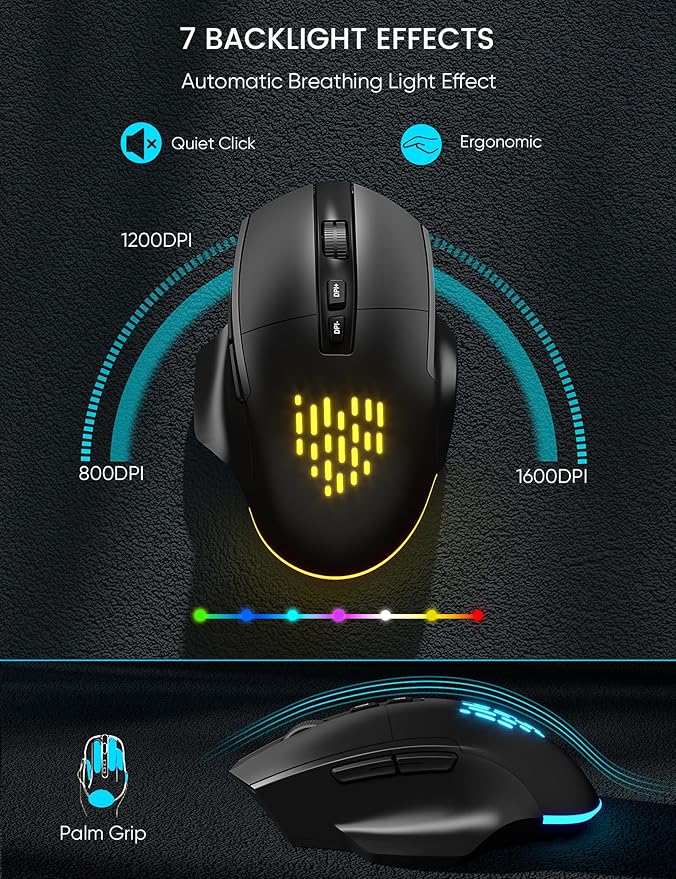 SABLUTE Wireless Keyboard and Mouse Combo - Ergonomic Wave Keyboard with Soft Leather Wrist Rest, Phone Holder, Rechargeable, RGB Backlit Mouse, Full-Size Set for Windows/Mac/Computer (Black Blue)