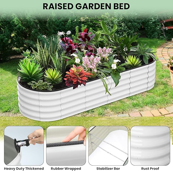 Galvanized Raised Garden Bed, 8x2x1.5Ft Metal Planter Box Outdoor, Oval Open-Ended Base Planter Raised Boxes for Vegetables Flower Herb,Beige