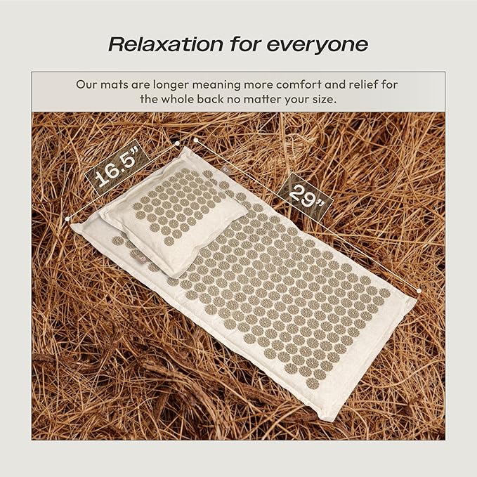 Acupressure Mat & Pillow Set with Hot/Cold Gel Pack for Back and Neck Pain Relief, Sciatica and Pressure Point Aches - Ideal Acupuncture Mat for Sleeping Aid & Workout Recovery (Natural Linen)