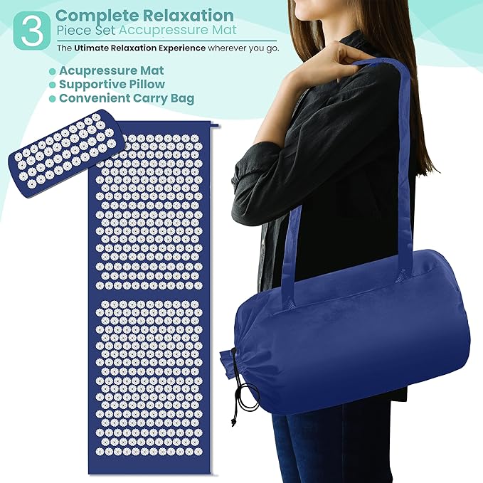 Sivan Health and Fitness Acupressure Mat and Pillow Set - Grounding Mat for Stress, Back & Neck Pain - Acupuncture Point Massage Mat for Muscle Relaxation, Sciatica, & Meditation - Includes Carry Bag