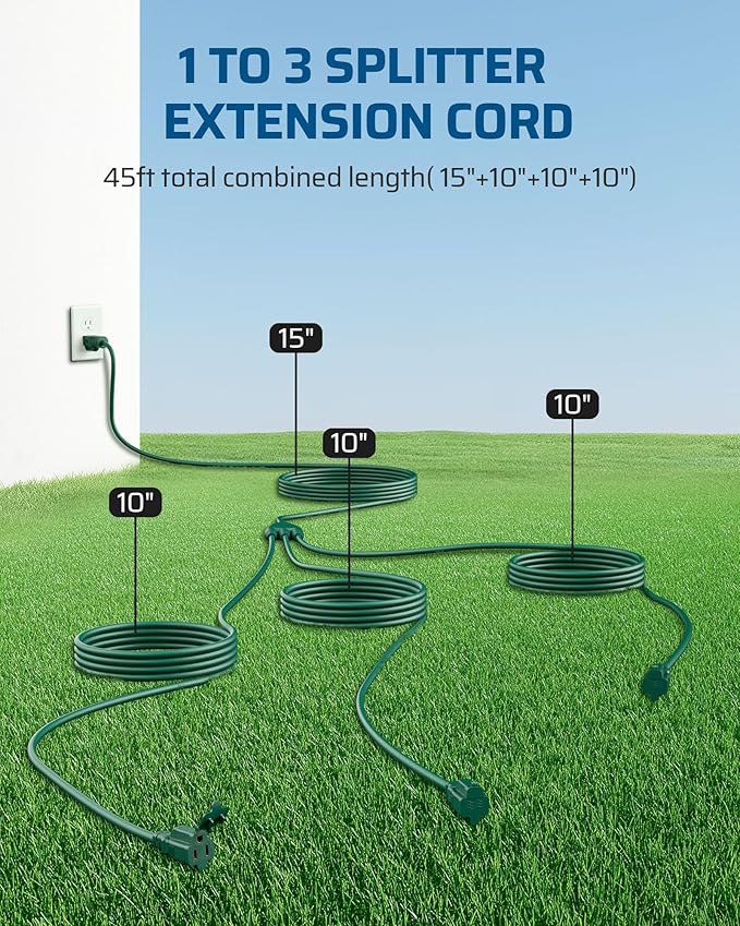 DEWENWILS Outdoor Extension Cord Multiple Outlets 45ft, Evenly Spaced 3 Outlets Plugs with Safety Cover, 16/3 SJTW Weatherproof Wire for Outdoor Lights and Holiday Decorations