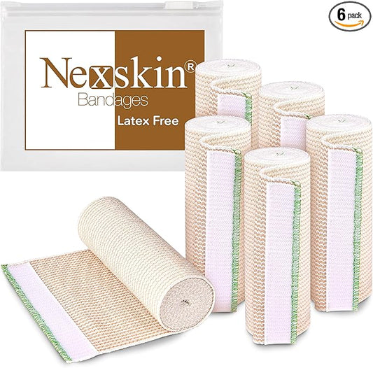 Premium Elastic Bandage Wrap (6” Wide, 6 Pack) - Nexskin Latex Free Athletic/Medical Compression Bandages Hook & Loop Fasteners at Both Ends - Lifetime Washable & Reusable Bandages