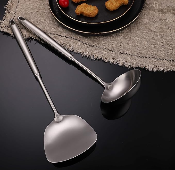 FJNATINH Wok Spatula and Soup Ladle Set - 304 Stainless Steel Wok Utensil Tools Set, 2 Pieces All Metal Cooking Kitchen Utensils,Chinese Wok Accessories for Cast Iron/Carbon Steel Wok