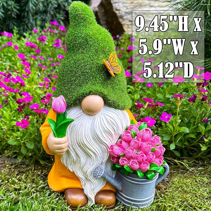 Mood Lab Garden Gnome - Solar Gnome Figurine with Tulips - 9.45 Inch Tall Flower Decor Outdoor Lawn Statue with LED Lights in Tulips