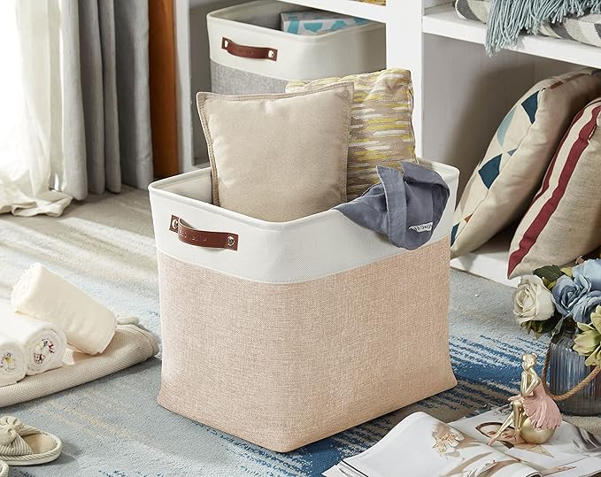 DECOMOMO Extra Large Storage Baskets, 54.5L Fabric Storage Bins for Organizing Linen Closet, Nursery (Beige & White, XXXL - 3 pack)